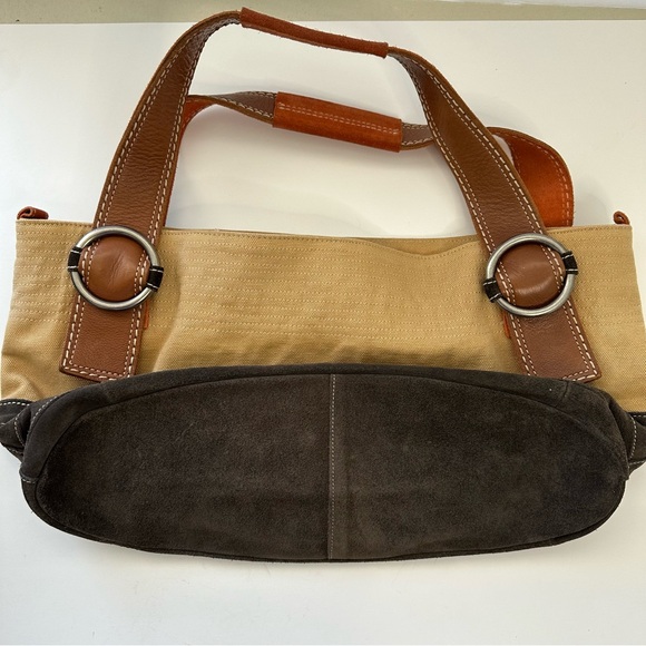 FOSSIL Khaki Canvas Brown Suede with Rust Colored Suede Straps Shoulder Tote Bag - Picture 11 of 11
